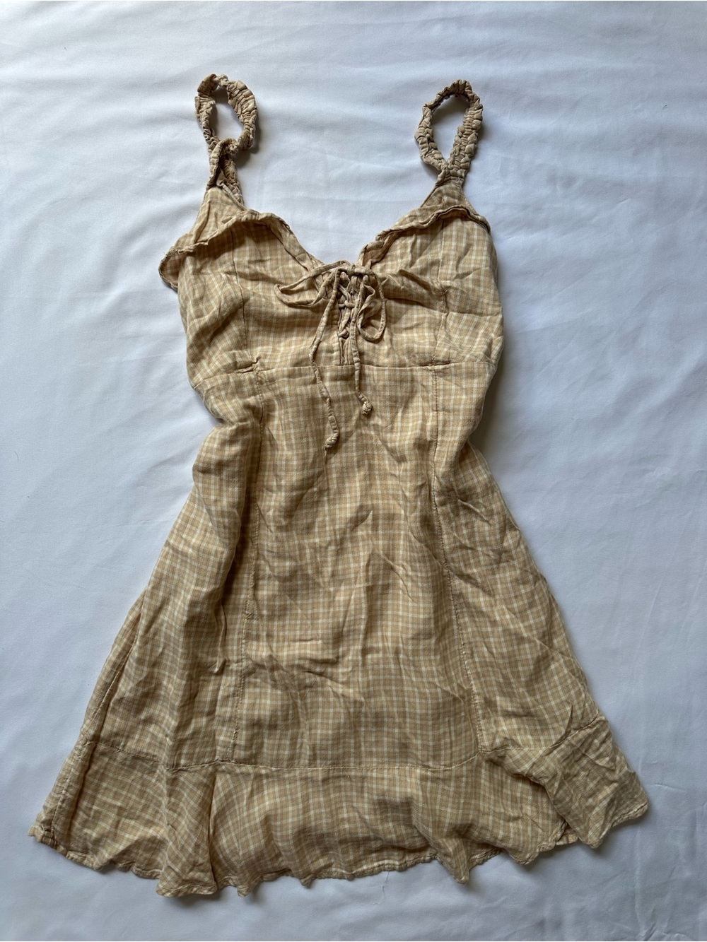 American Eagle Outfitters Beige Gingham Tie-Front Mini Dress with Ruffle Straps